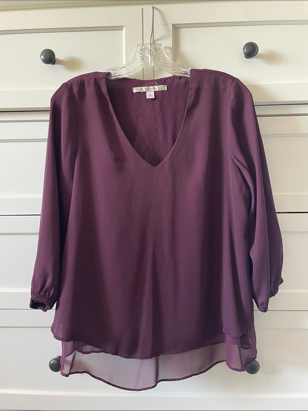 LC Lauren Conrad Women’s Burgundy V-Neck Layered Chiffon Business Casual Blouse